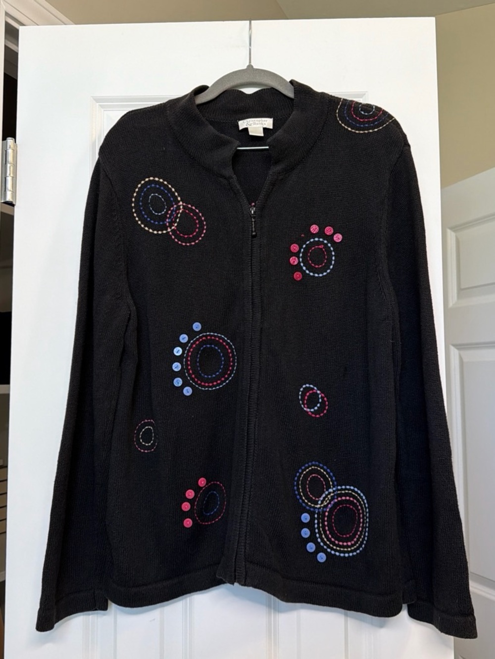 Christopher & Banks Black Zip Front Sweater with Multicolor Circle Embroidery